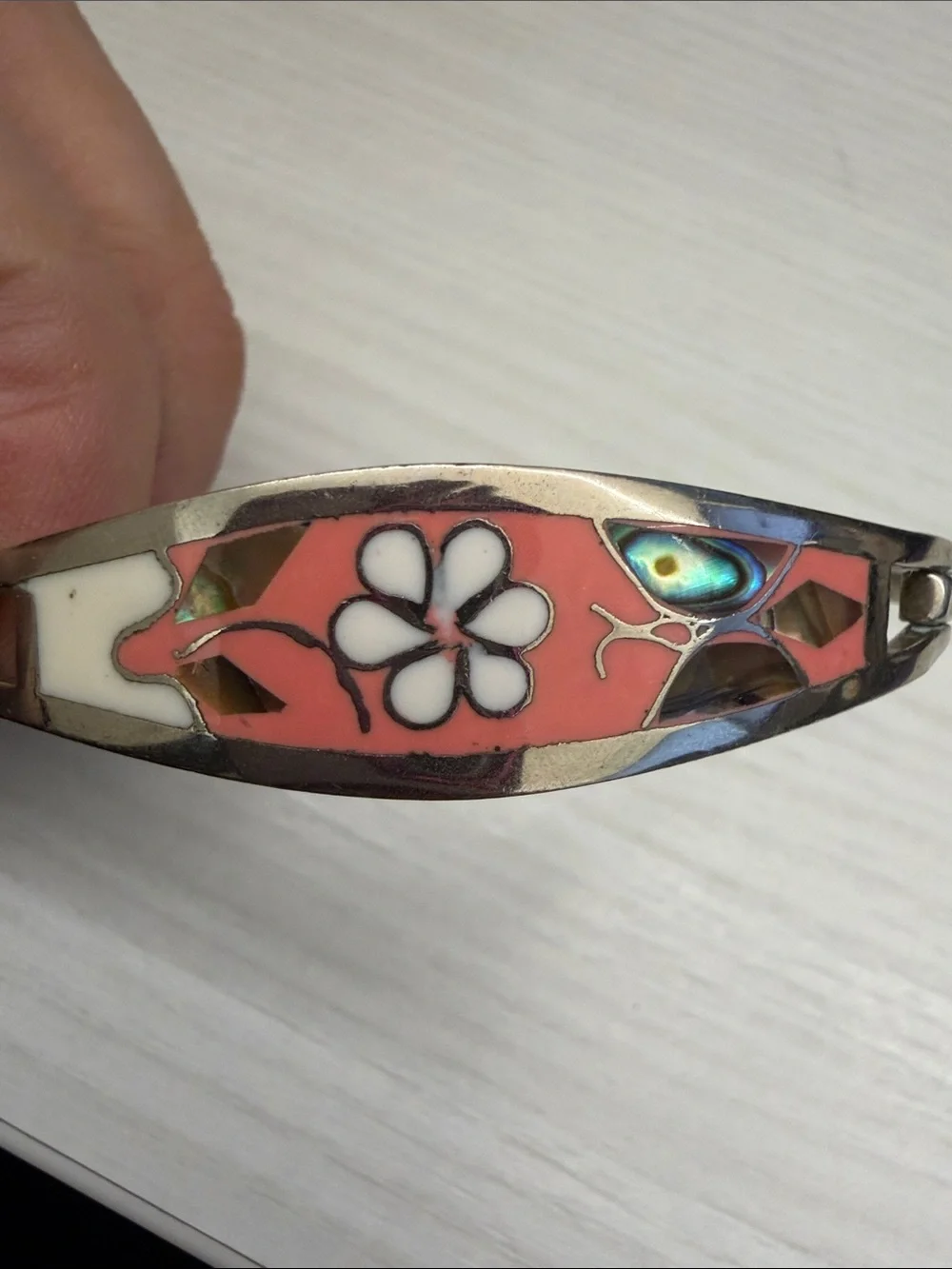 Silver-tone Floral Inlay Bracelet - Coral and White